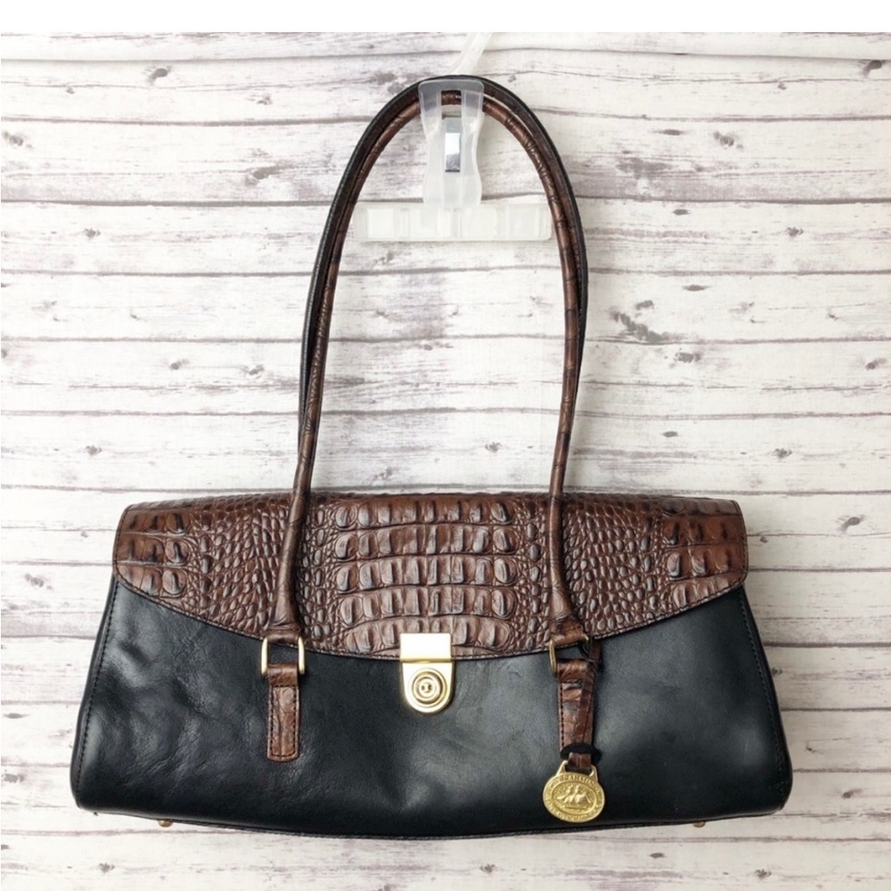 Brahmin Vintage Brown Black Croco Embossed Leather Flap Satchel Handbag Purse